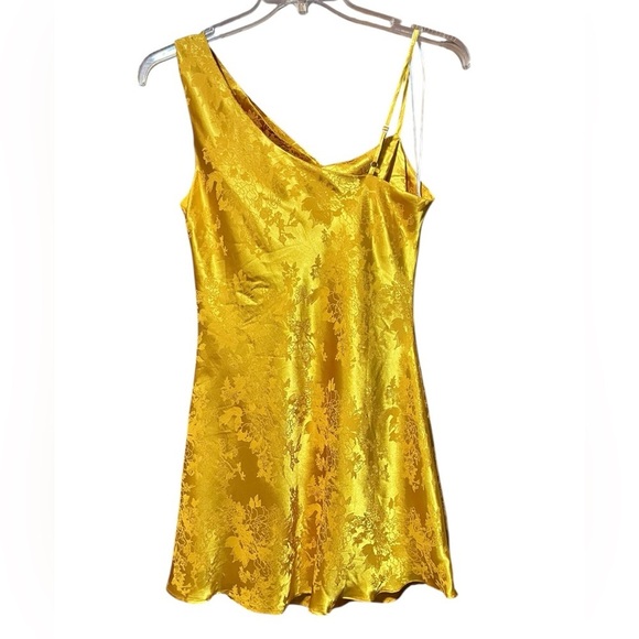 Lulu's Yellow Satin Floral Print Asymmetrical Cowl Neck Mini Dress Size M - Picture 8 of 13
